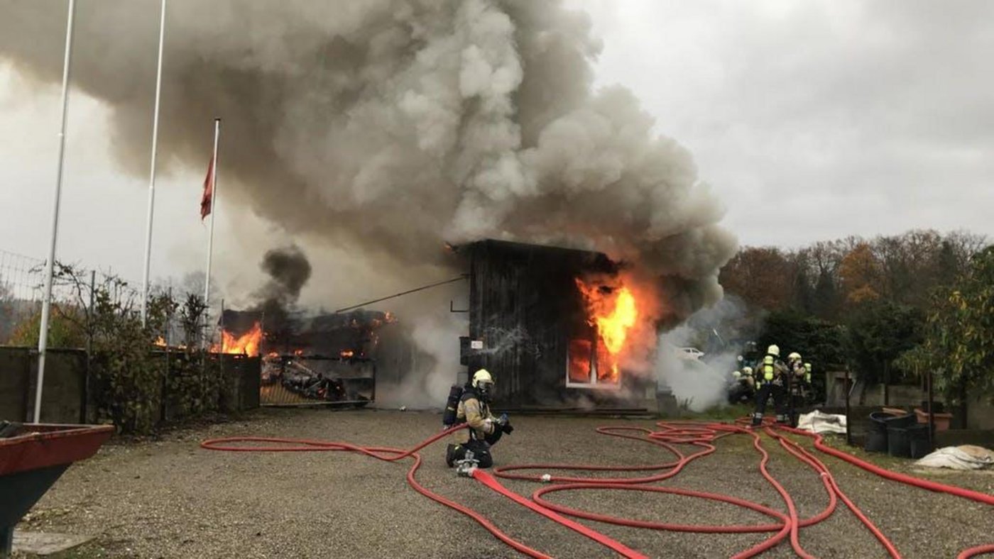 Der Geräteschuppen brannte am Freitagnachmittag in Aesch BL komplett nieder. Ein 86-jähriger Mann kam ums Leben. (Bild Polizei Basel-Landschaft)