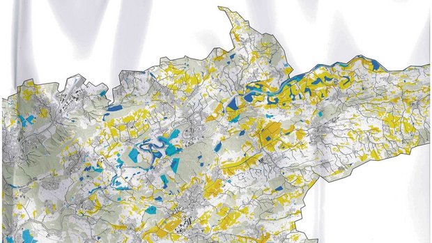 Ausschnitt Freiamt aus der Karte der Potenzialflächen für Feuchtgebiete. Blau hat Potenzial, gelb eher unsicher.