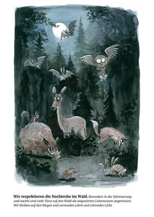 Ein Punkt des Wald-Knigges widmet sich der Nachtruhe im Wald. Der Cartoon stammt von Max Spring. (Bild AfW/Max Spring)