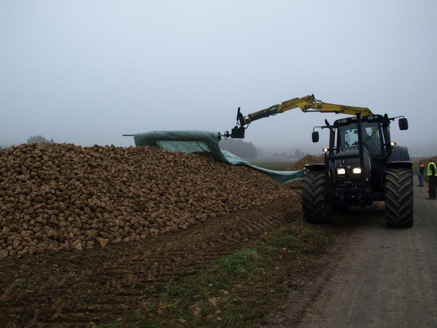 Das Vlies wird mit dem Kran über die Miete gerollt und abgewickelt. (Bild: Ursina Berger-Landolt)