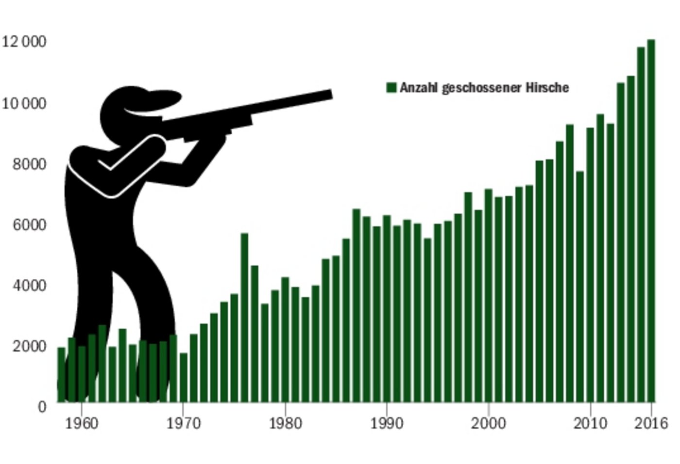 Knapp 12 000 Hirsche (Stiere, Kühe und Kälber) wurden 2016 laut Eidgenössischer Jagdstatistik geschossen. Die Tendenz ist klar steigend.(Grafik BauZ/Quelle EIdgenössische Jagdstatistik)