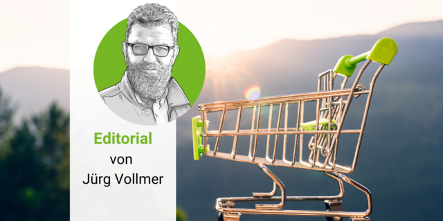 Grüner Einkaufswagen und daneben das Porträt von Jürg Vollmer.