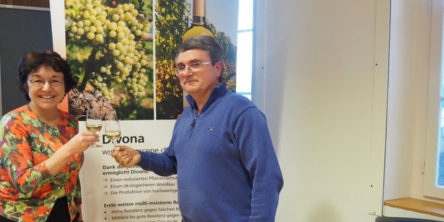  Agroscope-Chefin Eva Reinhard stösst mit Jean-Laurent Spring auf die neue, krankheitsresistente  Rebsorte Divona an. Spring ist bei Agroscope Leiter der Forschungsgruppe Weinbau. (Bild chw) 