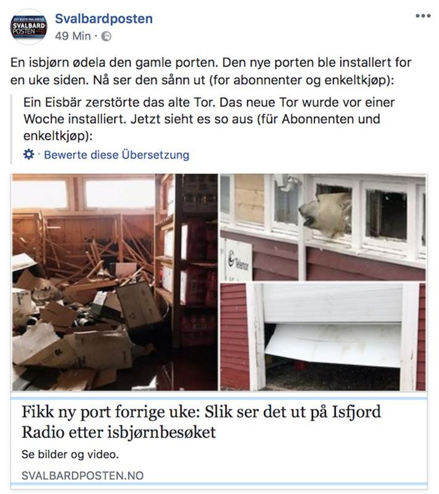 Der Eisbär richtete grossen Schaden in einem alten Hotel auf Spitzbergen an. (Printscreen facebook/Svalbadrposten) 