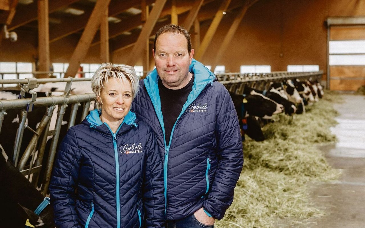 Margrit und Alex Gobeli in ihrem Stall in Gstaad. Hinter ihnen fressen die rund 40 Milchkühe der Rassen Red Holstein und Holstein. 