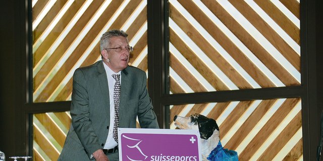 Sprach auch die heiklen Themen an: Felix Grob im Element anlässlich der Delegiertenversammlung der Suisseporcs 2018in Osterfingen SH.  (Bild SP)