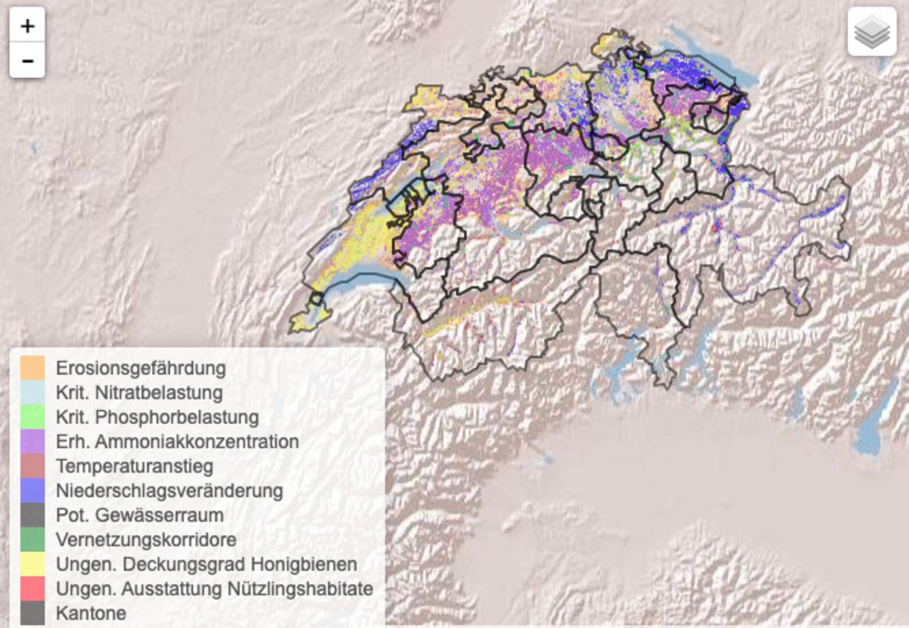 Die Karte zeigt wo es in der Schweiz Potenzial für Agroforst gibt. Link dazu im Artikel. (Grafik Agroscope)