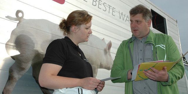 Export von vier Mutterlinien-KB-Ebern nach Deutschland vor Wochenfrist: Henning Luther bespricht in Sursee LU mit der deutschen Transportunternehmerin die Zollformalitäten. (Bild: Armin Emmenegger
