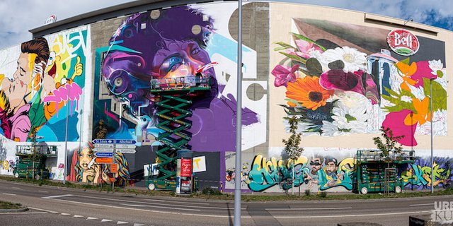 Vom 20. bis 30. August findet auf dem Bell-Areal in Basel ein Urban-Art-Event statt. Internationale Künstler verschönern die Gebäudefassaden. (Bild Verein Urbane Kunst/www.kopro.ch) 