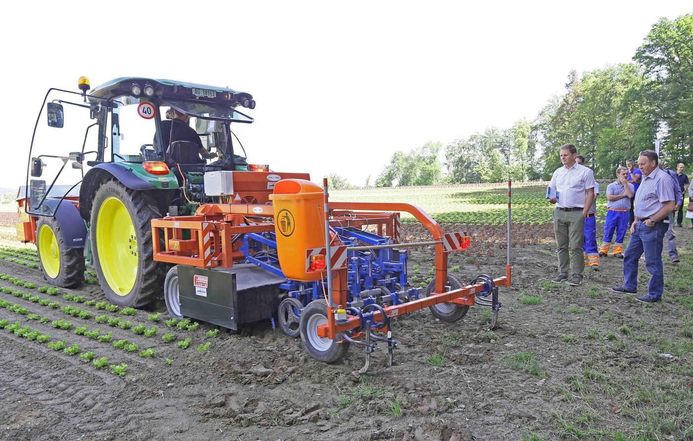 Der Fahrer des Traktors bringt den Hackroboter in Stellung, bevor er selbständig die Salatreihen abfährt.