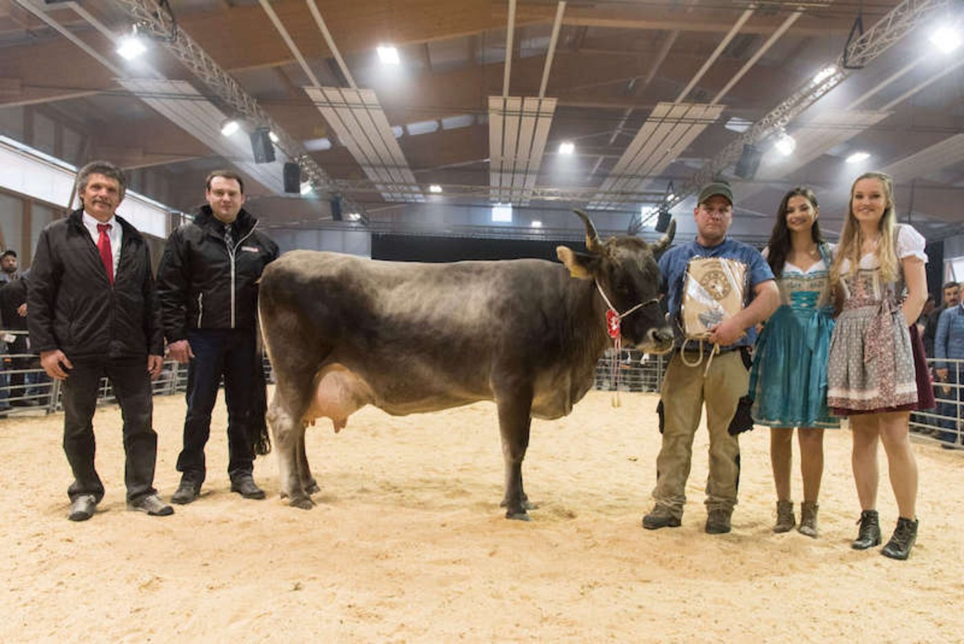 Die beiden Richter Jon Paul Thom und Stefan Hodel sowie die Ehrendamen umrahmen «Miss Milchkuh» Dinmark Tamara von Heinz Gantenbein. (Bild zVg)