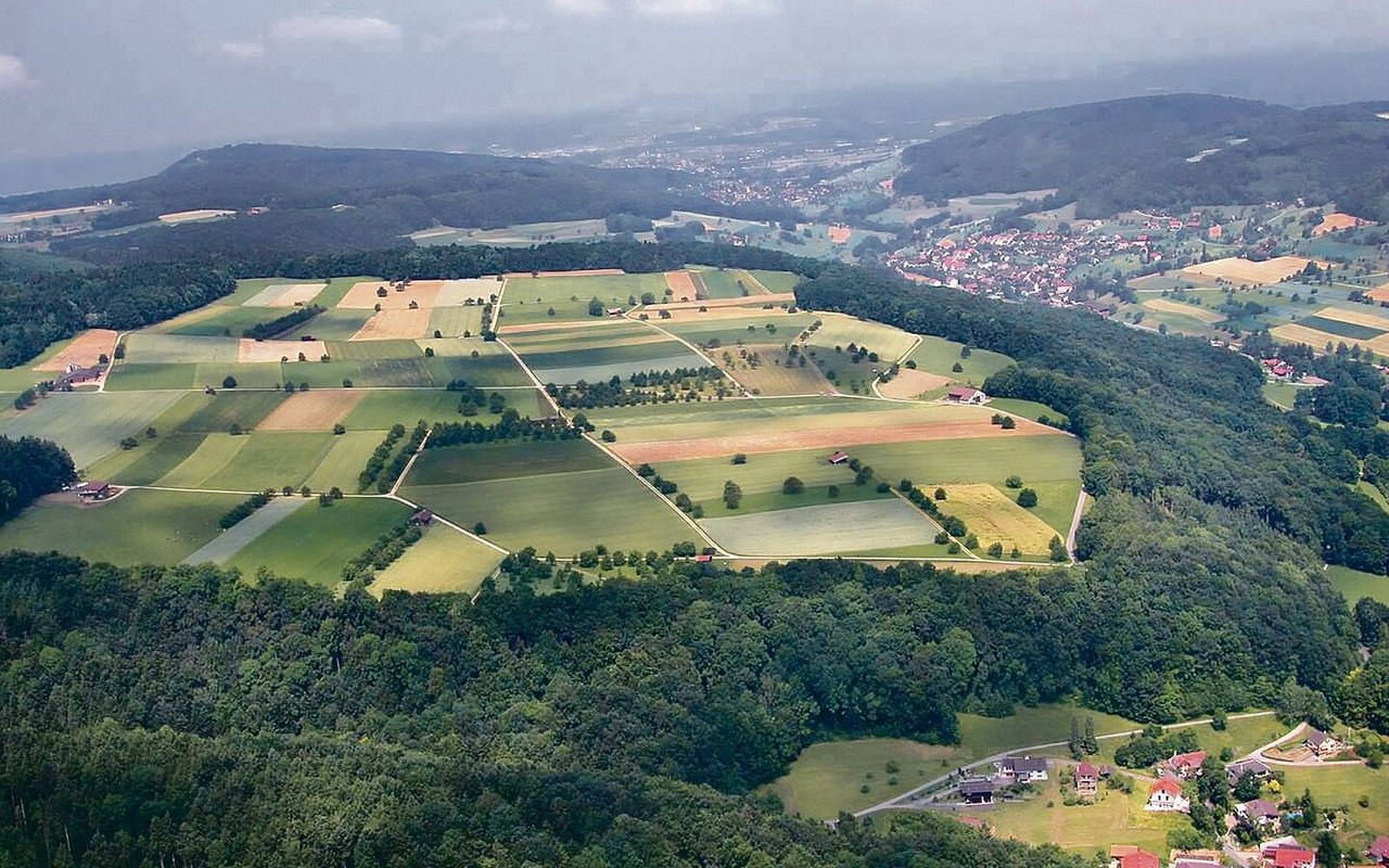 Das Mittelland zeigt von oben ein Mosaik mit Ackerbau und Weideland. Wie bewirtschaftet wird, hängt von einer ganzen Reihe von Faktoren ab. 