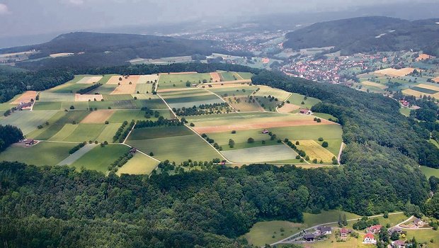 Das Mittelland zeigt von oben ein Mosaik mit Ackerbau und Weideland. Wie bewirtschaftet wird, hängt von einer ganzen Reihe von Faktoren ab. 