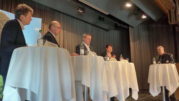 Jürg Grossen, Markus Ritter, Werner Salzmann und Christine Badertscher debattierten mit viel Einigkeit über Agrarpolitik. (Bild akr)