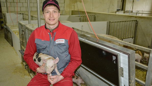 Junglandwirt und Agronom Simon Bernhard im Abferkelzimmer. Dort hat es Platz für 40 Sauen aus einem AFP-Ring, die Ferkel werden alle auf dem Betrieb ausgemästet.