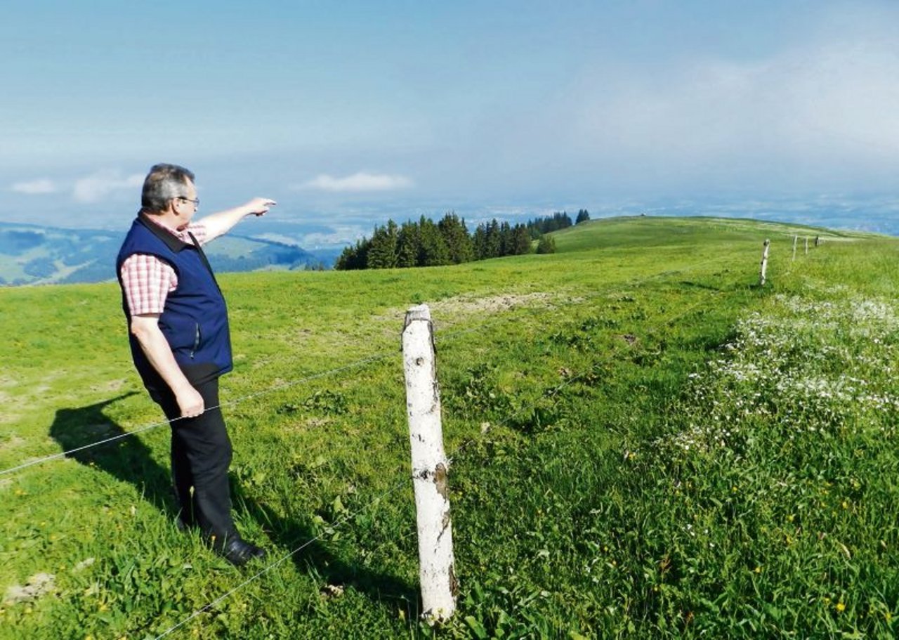 Gemeindeammann Otto Lötscher zeigt, wo auf dieser Kuppe nördlich der Alp «Grosser Schwyberg» drei Windräder zu stehen kommen würden. (Bild Josef Jungo)