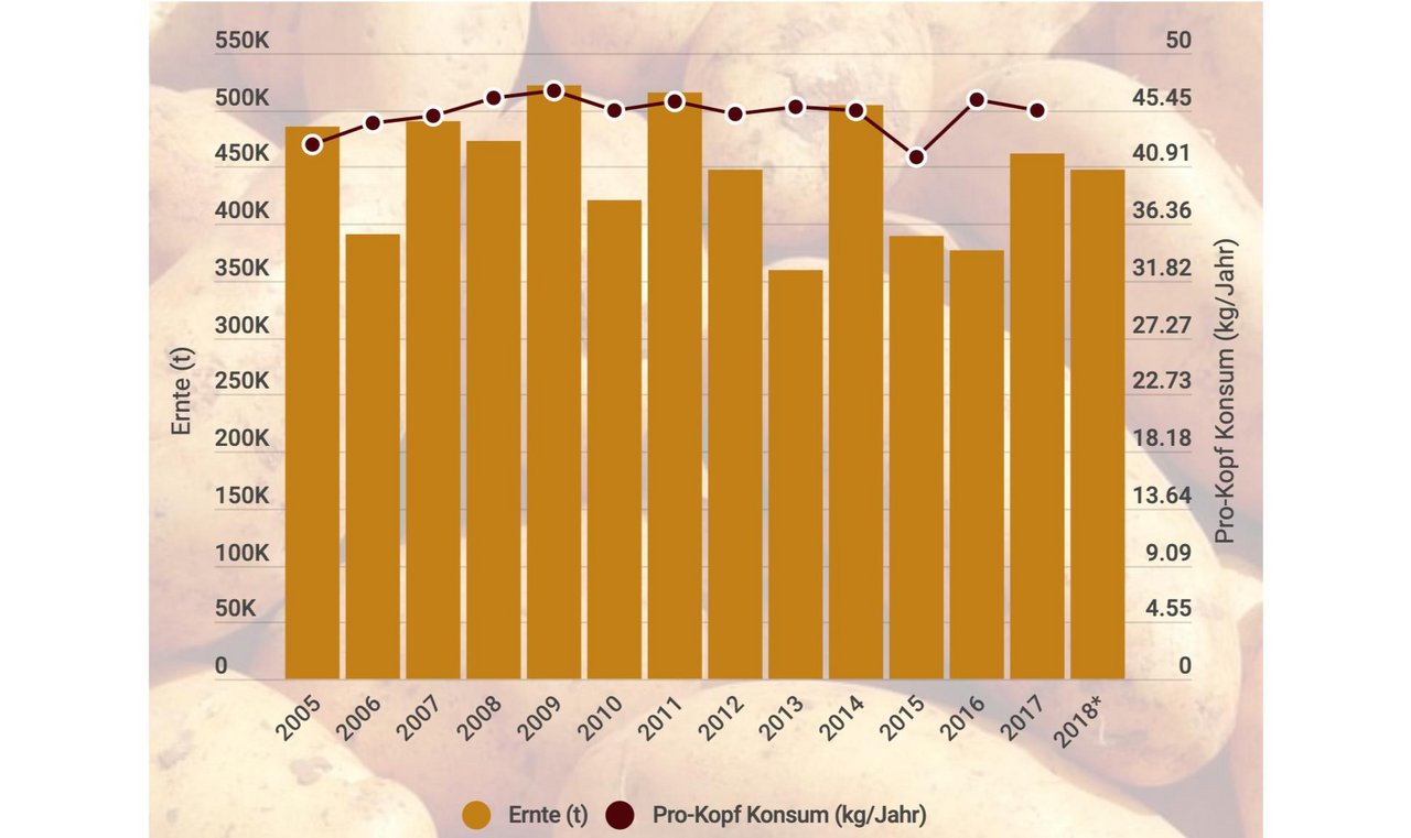Die Gesamternte und Pro-Kopf Konsum von Kartoffeln von 2005 bis 2018. (Bild lid)