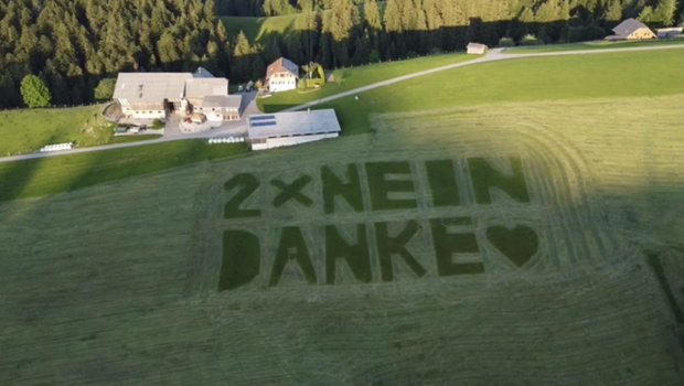 Abstimmungswerbung mit Dank: Der Entlebucher Landwirt Thomas Gerber aus Wiggen hat beim Heumähen in Marbach auch noch ein bisschen Politik betrieben. (Bild Screenshot)