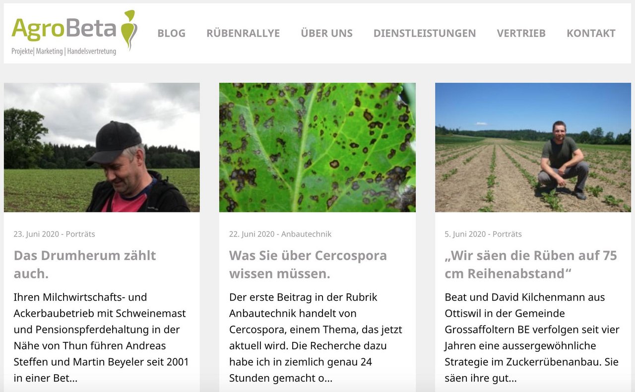 Zur Unterstützung des Schweizer Zuckerrübenanbaus und der Schweizer Zucker AG wurde der AgroBeta Blog ins Leben gerufen. (Screenshot Katrin Erfurt)