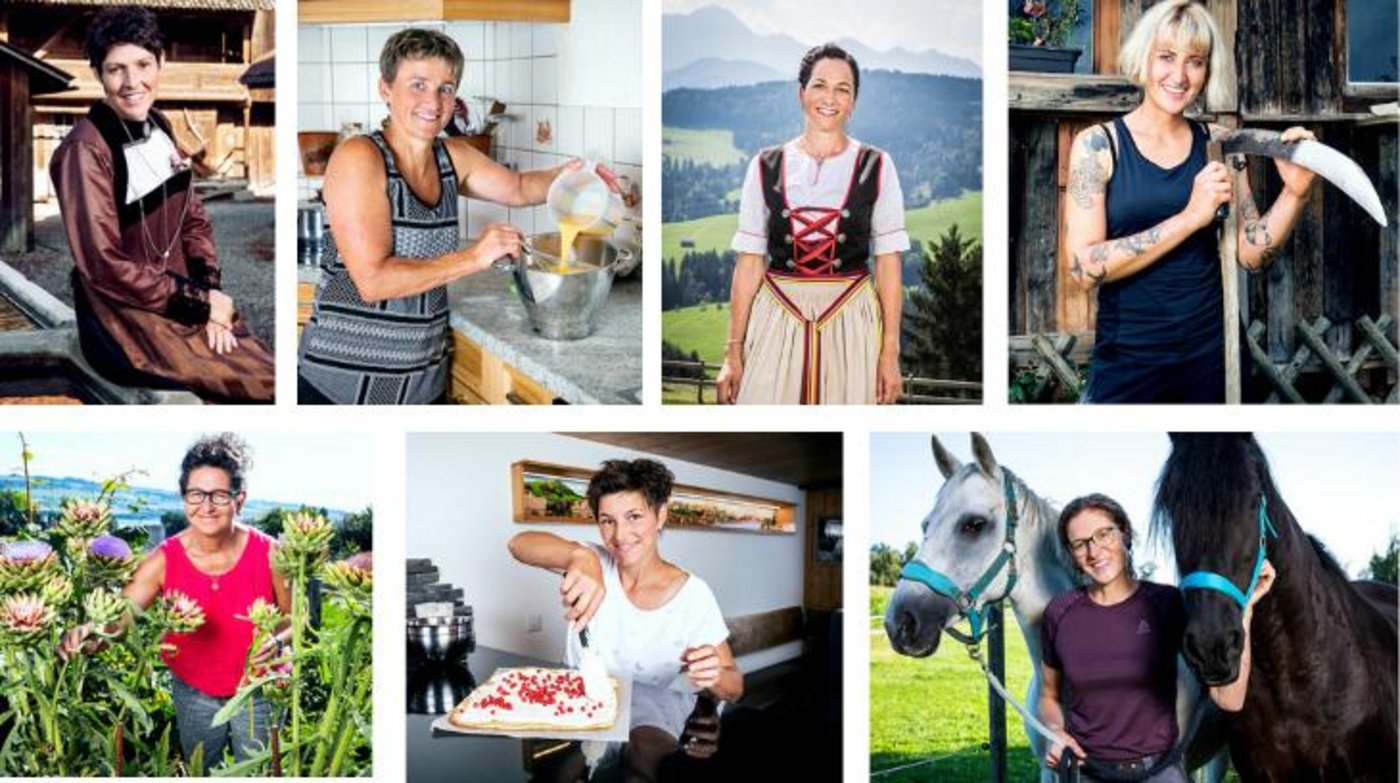 Die Teilnehmerinnen der 14. Staffel der Landfrauenküche (v. l. n. r.): Barbara Matter, Vreni Häberli, Maya Baer, Ilona Thétaz, Anita Estermann, Marianne Dietrich, Eveline Villiger. (Bilder Ueli Christoffel/SRF)