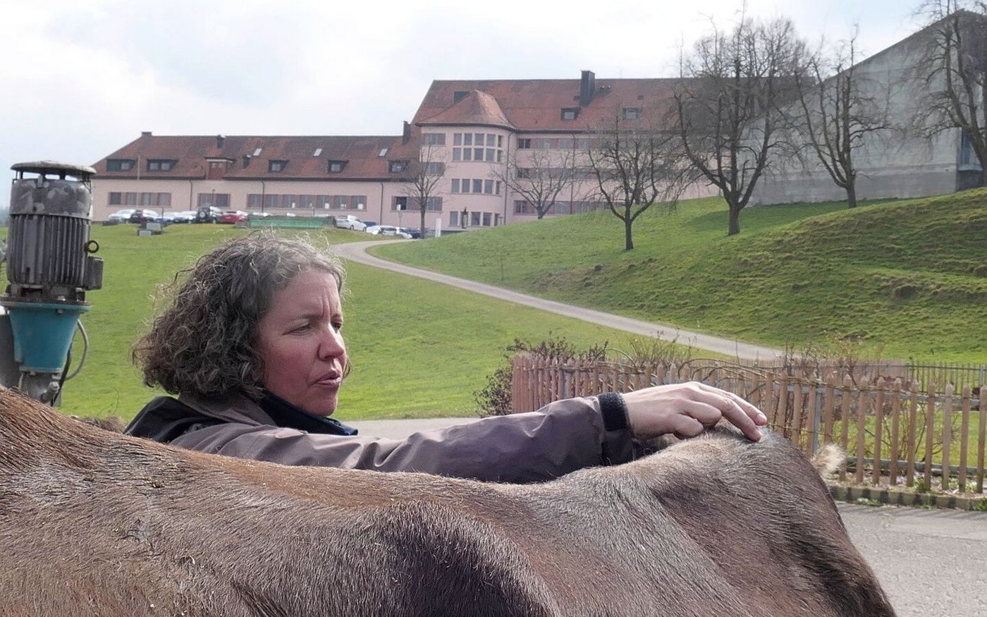 Physiotherapeutin Simone Rickenbach zeigt den Teilnehmerinnen einen Griff an einer Braunviehkuh.