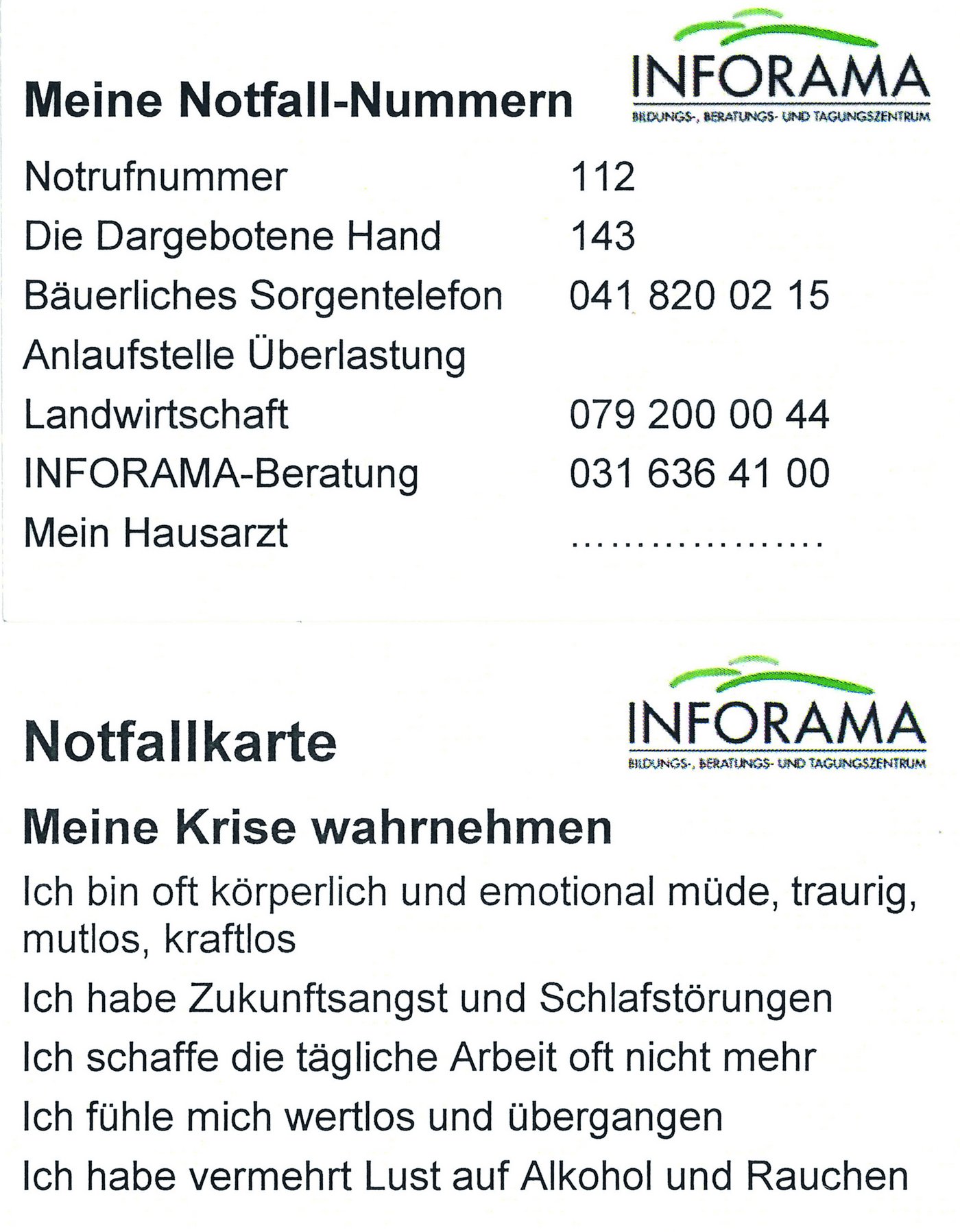 Die Karte des Inforama fürs Portemonnaie: Alle Nummern direkt zur Hand (Bilder BauZ)