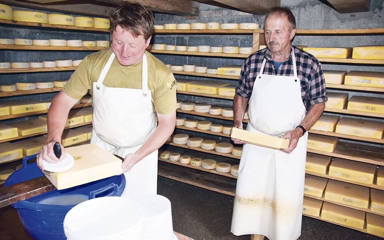 Martin und sein Vater Ruedi Jordi im Käsekeller. «Die Käsepflege gibt viel zu tun», sagen beide.