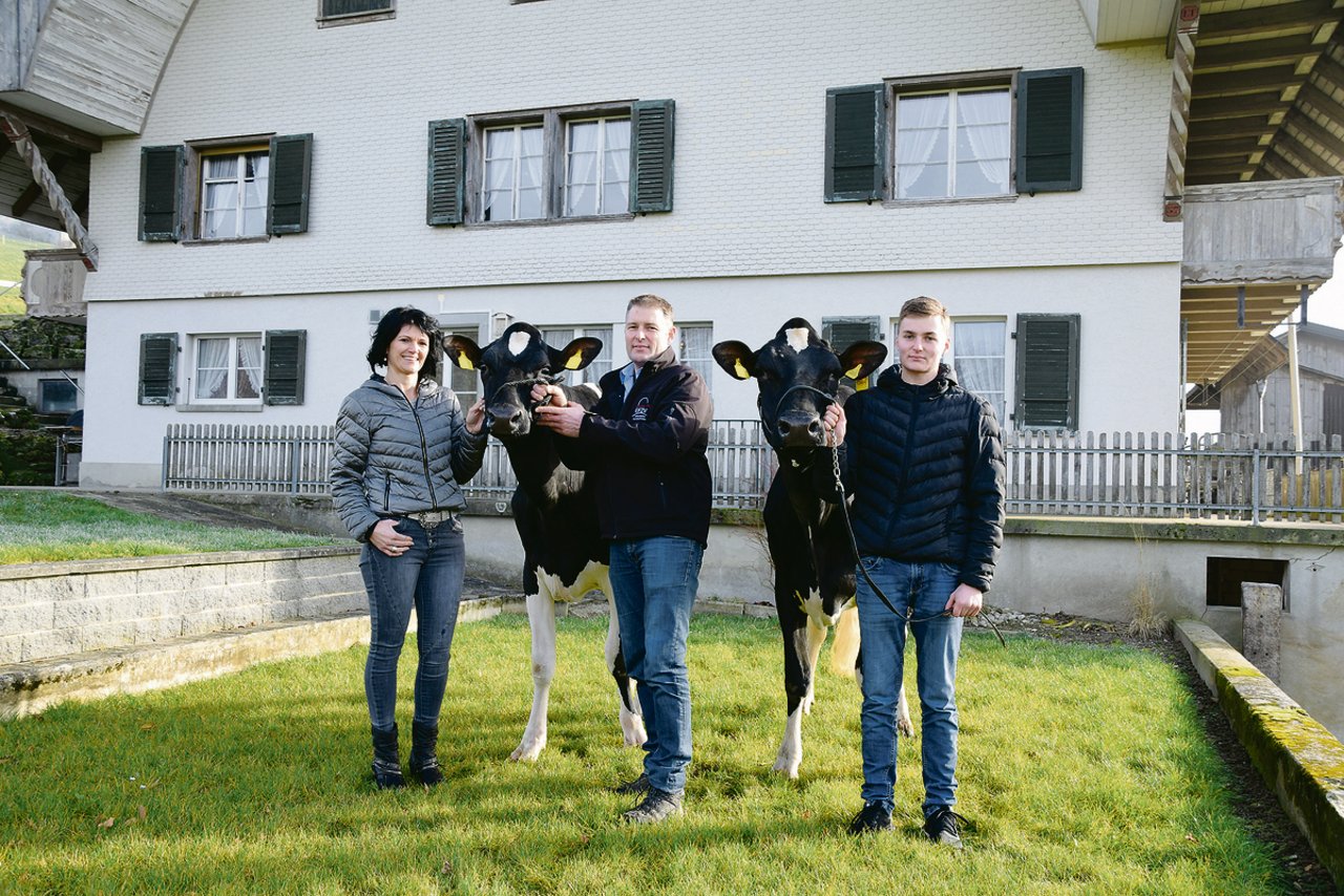 Ruedi Sommer mit seinem Sohn Fabian und seiner Lebenspartnerin Renate Lüthi, mit den Kühen Brokaw Gandria und Smaragd Claire. (Bild Peter Fankhauser)