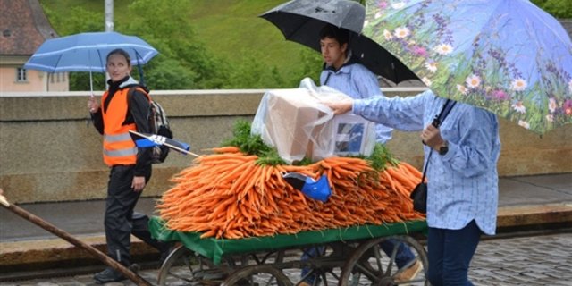 Im strömendem Regen, aber guten Mutes: Bauern marschieren im Juli 2014  mit Unterschriftenkarton und Rüebli Richtung Bundeskanzlei. Am Sonntag folgt nun die Abstimmung über den Gegenvorschlag zur Initiative für Ernährungssicherheit. (Bild jw) 