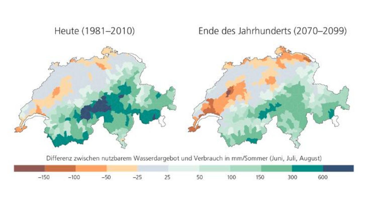 Gurndwasser werde es auch in Zukunft in der Schweiz viel geben. Aber regionale Wasserknappheiten drohen und machen es nötig, sich an das neue Wasserregime anzupassen. (Karten Hydro-CH2018)