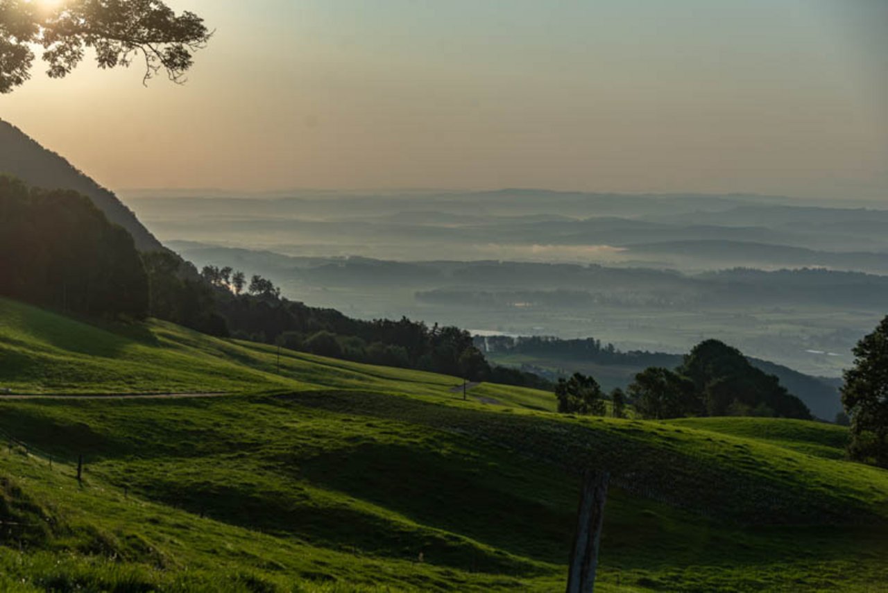 Die Aussicht vom Luchernhof. Kurz nach Sonnenaufgang verschwindet das Mittelland unter einer feinen Dunstschicht. Im Hintergrund sind an klaren Tagen die Alpen zu sehen.