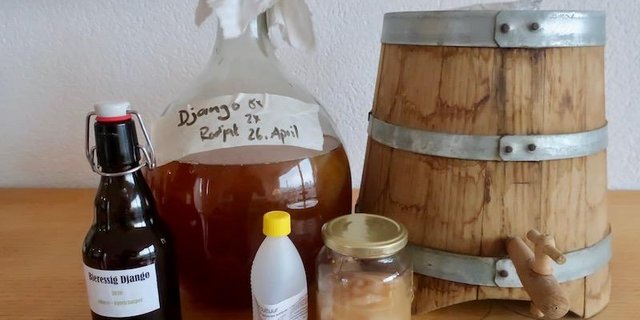 Essig kann man gut selber aus Bier oder Wein herstellen. Zum Start Essigbakterien oder eine Essigmutter verwenden. (Bilder Esther Thalmann)