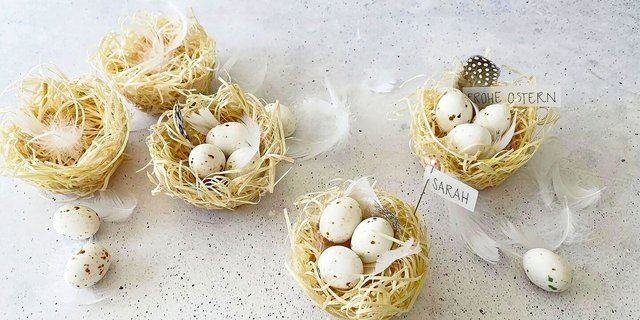 Unkompliziert zum Fertigen und dekorativ auf dem Tisch: Mini-Osternestchen aus Ostergras. 