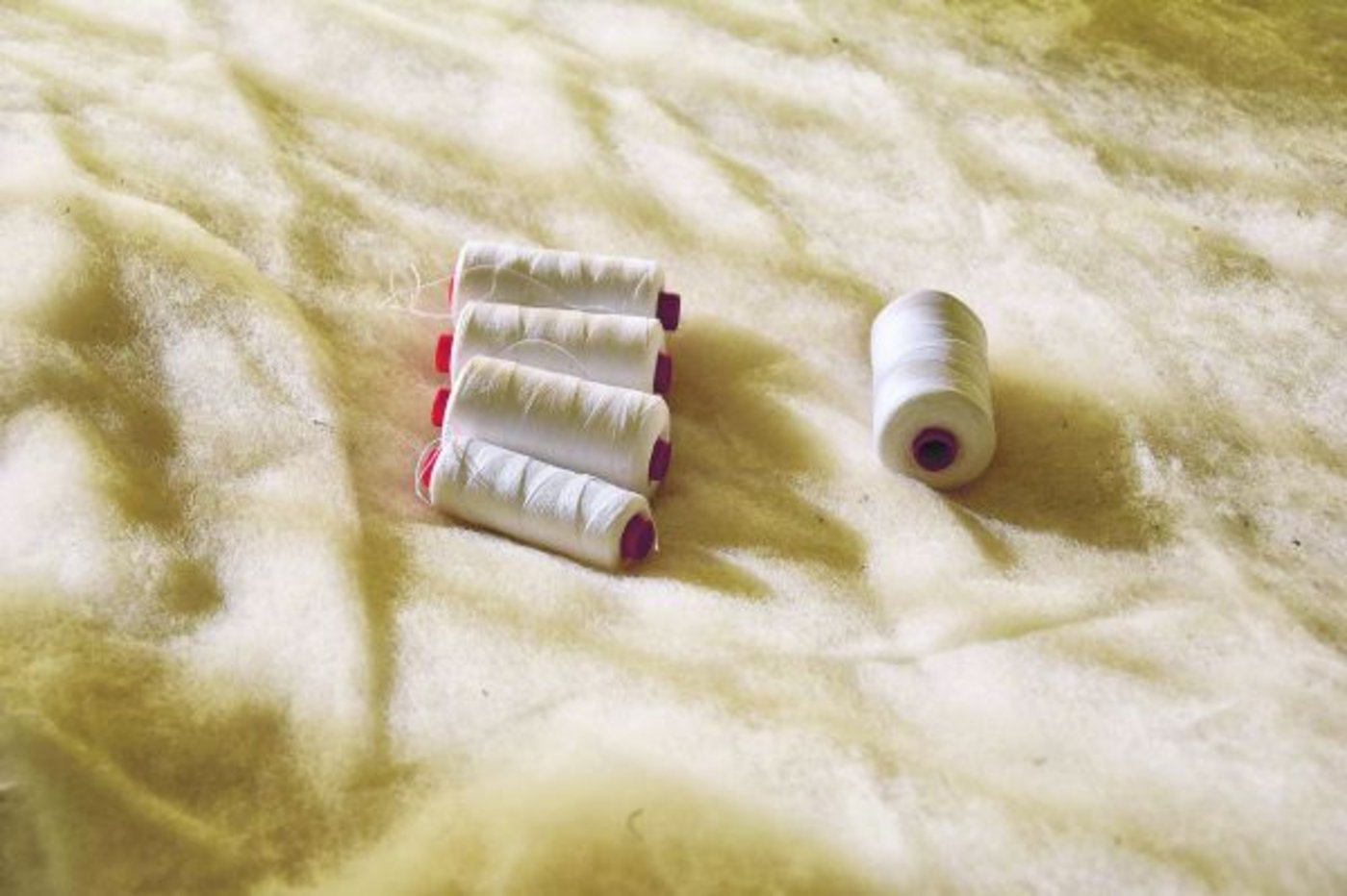 Zwei Kilo Wollvlies wurden für ein Duvet benötigt. Dieses muss am Baumwollstoff angenäht werden.