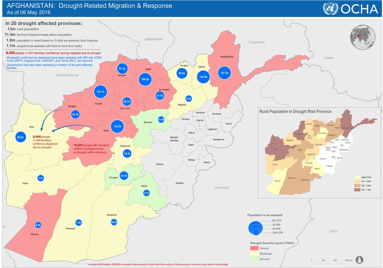 Karte von Afghanistan mit den von Trockenheit bedrohten Menschen in den Dürre-Regionen. (Karte: Ocha)