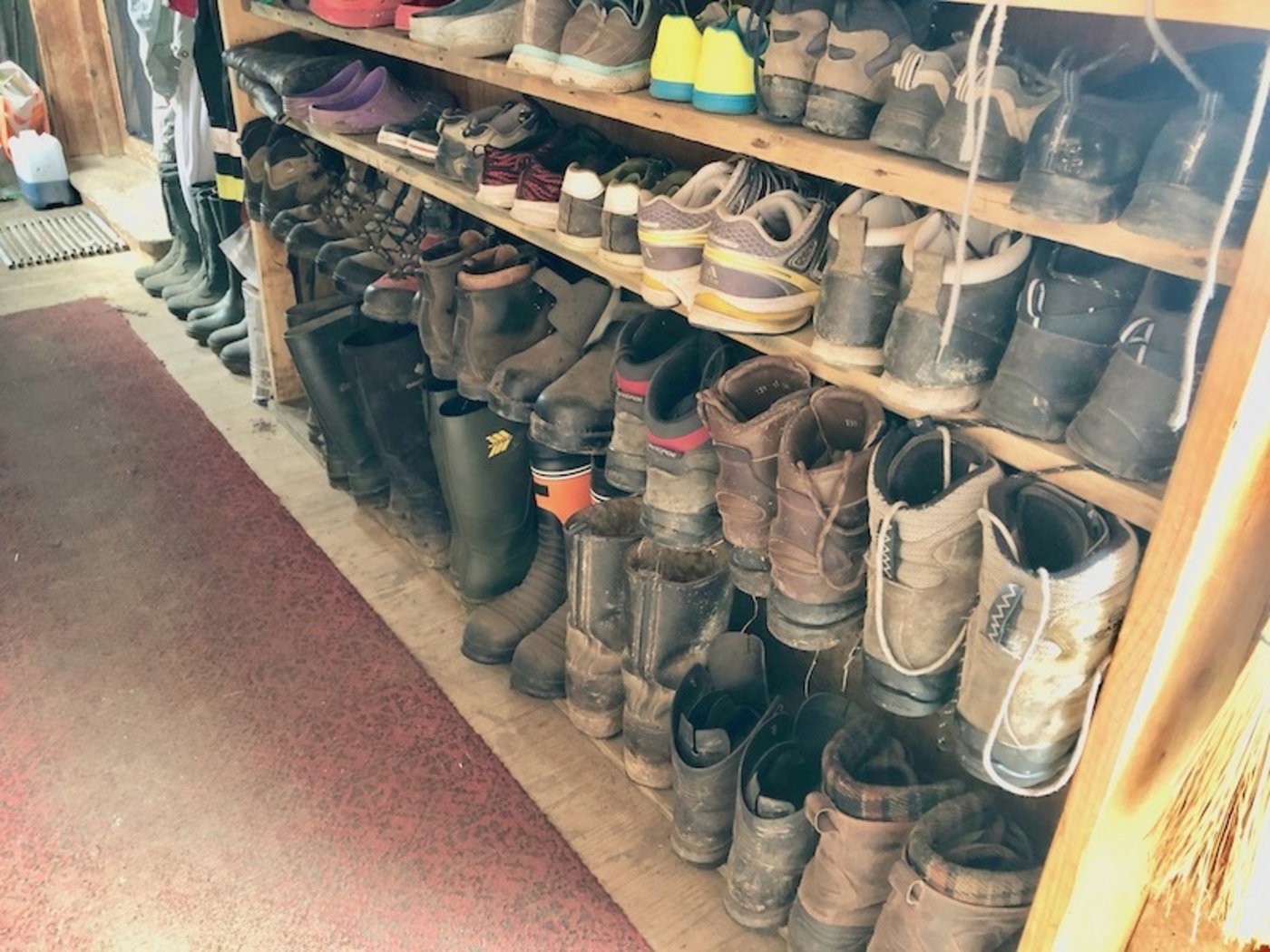 Blick ins Gestell mit den Arbeitsschuhen.