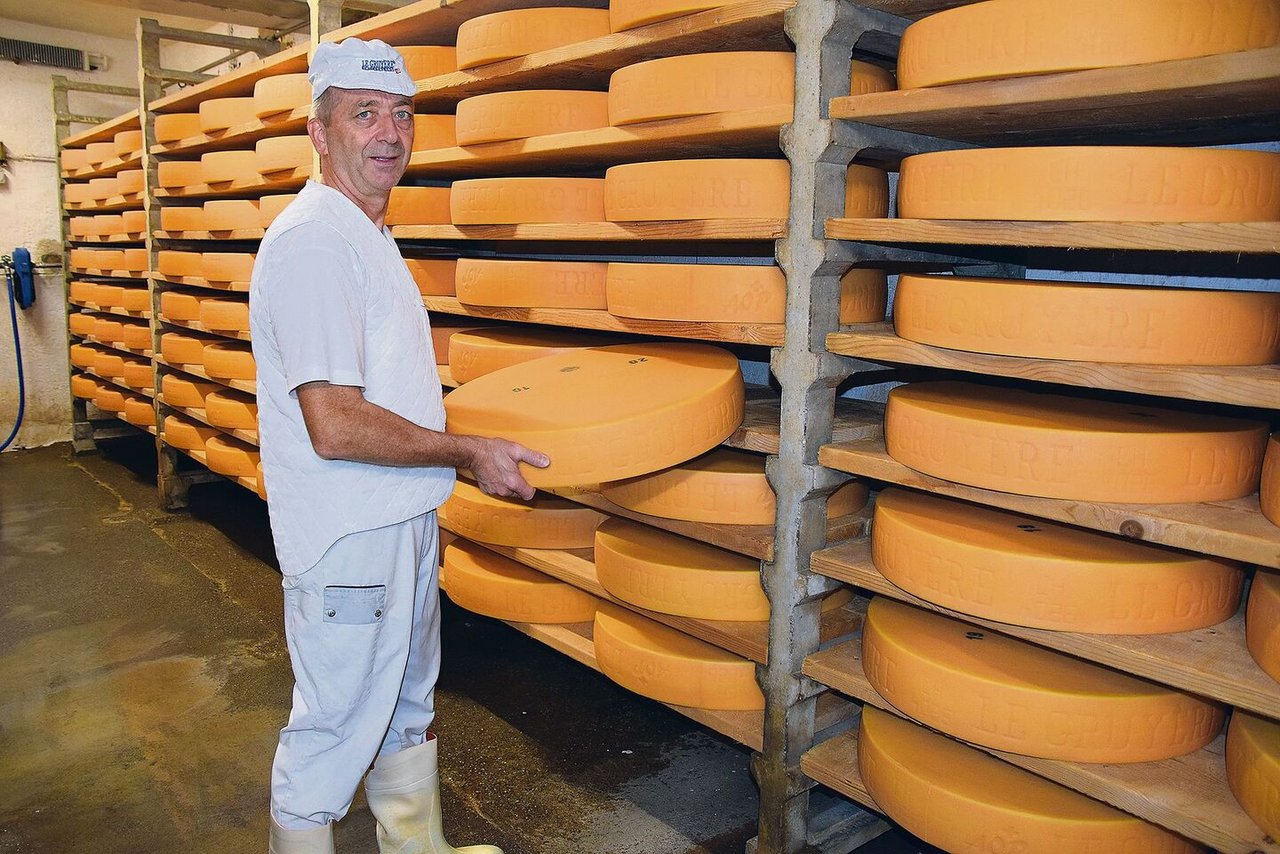 Urs Leuenberger im Käsekeller. Zwei Monate lang wird der Gruyère AOP hier gelagert. Aus Platzgründen kommt er zur weiteren Reifung in einen anderen Standort. 