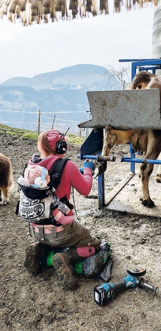 Milena war überall mit dabei: Dank der Babytrage war auch der Klauenpflegekurs kein Problem.