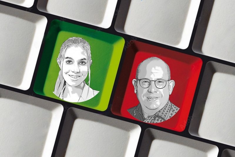 Symboldbild einer Computer-Tastatur mit Porträtueichnungen von Meret Schneider und Stefan Müller.