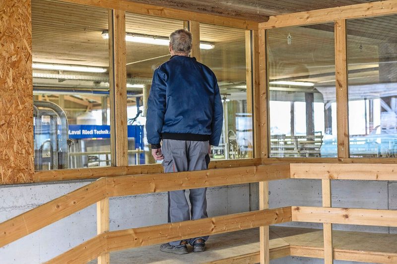 Einblick in den Stall: Vom Podest aus haben BesucherInnen freien Blick auf den Melkroboter und die Milchkühe von Tobias Kritzer.