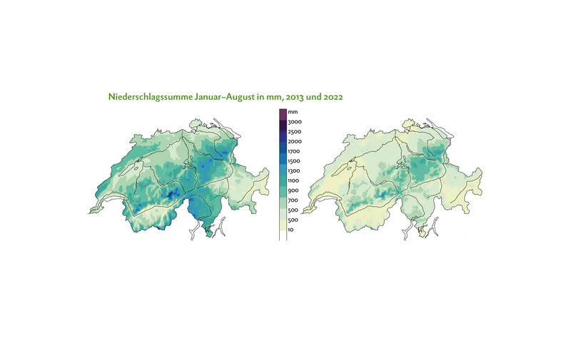Das Jahr 2013 wird gemäss Meteo Schweiz als letztes «normales» Jahr bezüglich der Niederschlagsmenge bezeichnet (links). Das Jahr 2022 (rechts) brachte im Vergleich zu 2013 deutlich weniger Regen im selben Messzeitraum.