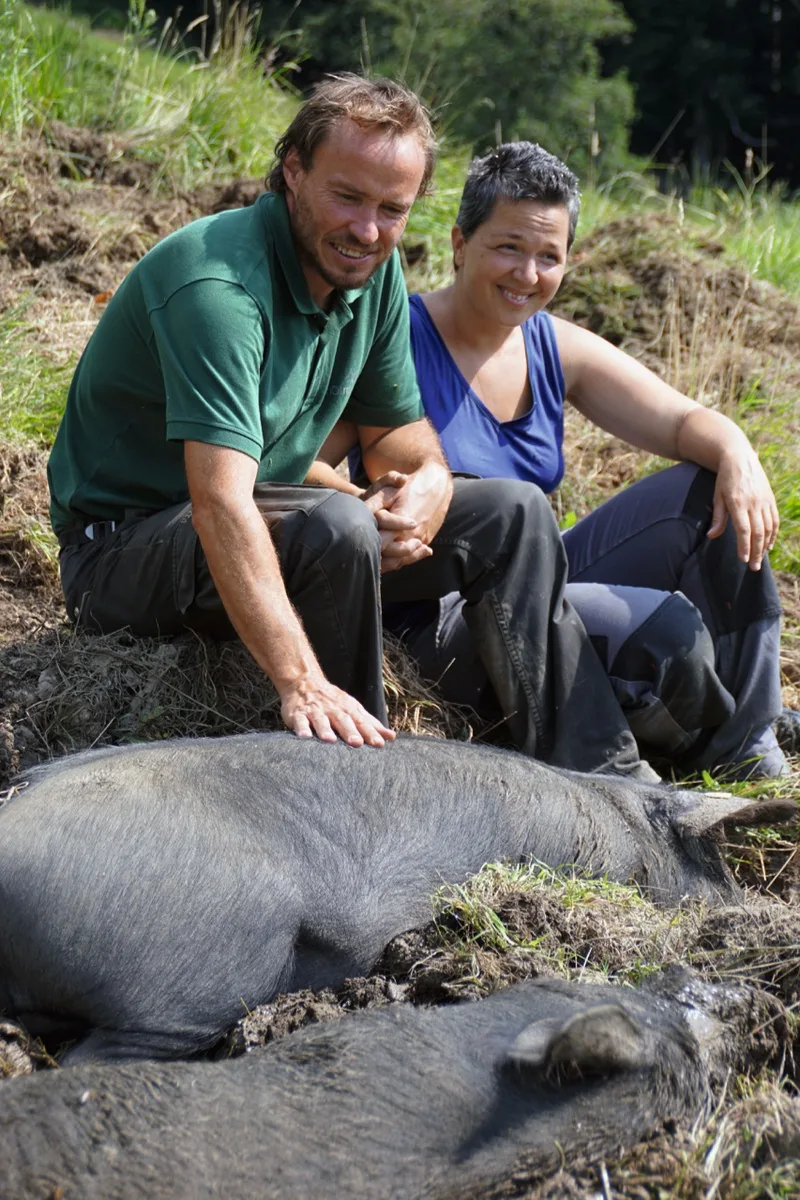 Marcel und Manuela Schmid mit ihren Schwarzen Alpenschweinen. Bild: Michael Götz