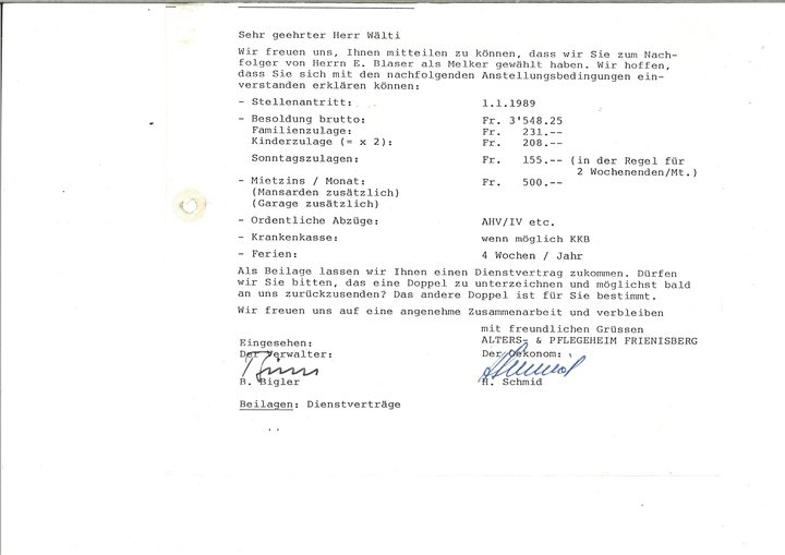 So sah der Anstellungsvertrag von Albert Wälti 1989 als Melker aus. «Es war eine andere Zeit», meint er dazu.