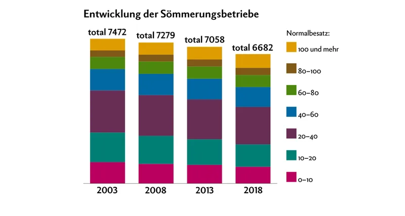 Der Normalbesatz blieb trotz weniger Sömmerungsbetriebe ziemlich stabil. Die Betriebe wurden tendenziell grösser (Fusion, Übernahme). Quelle: SAV und BLW. Grafik: Nicole Geiser