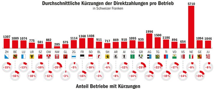 Unsere Grafik zeigt, wie gross der Anteil an Ganzjahresbetrieben mit Direktzahlungskürzungen pro Kanton im Jahr 2021 war und wie hoch die Kürzungen im Schnitt pro Betrieb ausfielen.