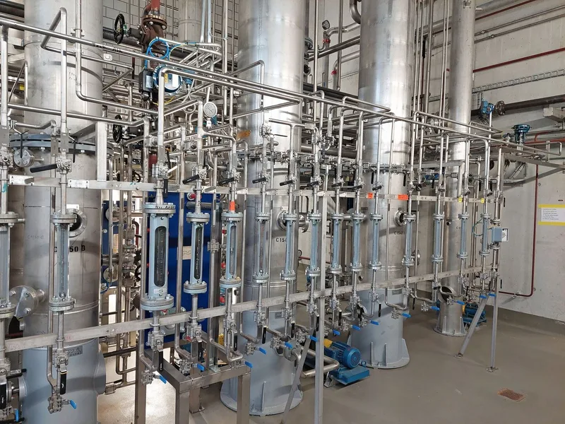 Das Herzstück der Anlage ist die Destillation. Hier wird die Qualität und Art des Ethanols beeinflusst, also ob es Trink- oder Pharmaethanol wird.