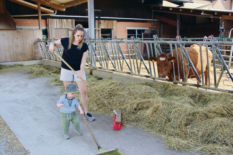 Söhnchen Manuel gefällt es, mit seiner Mutter im Kuhstall zu wirken. Zum Hof gehören 27 Mutterkühe und deren Nachwuchs.