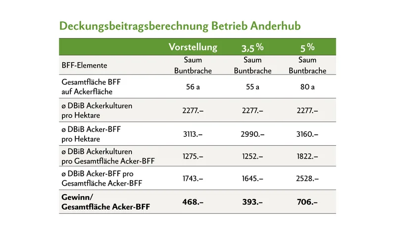 Gemäss den Berechnungen hätte Peter Anderhub mit der Anlegung von Acker-BFF an Stelle von Ackerkulturen auf dieser Teilfläche bei allen Szenarien einen höheren DBiB. (Quelle: Agridea, BLW)