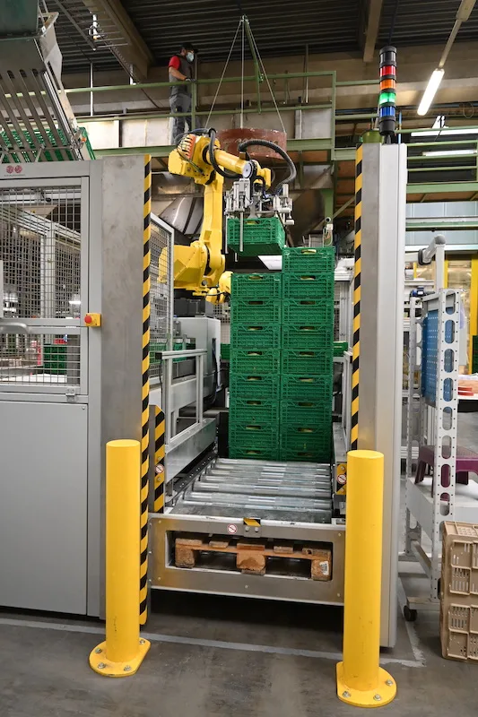 Der Roboter stapelt die vollen Ifco-Kisten aufeinander, bis zu 2,20m hoch.