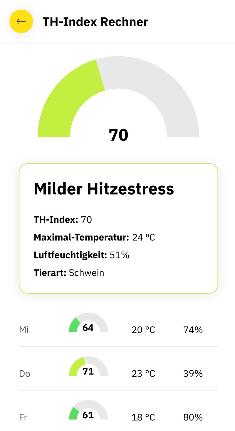 Der THI (Temperatur-Feuchtigkeit-Index) ist ein Hilfsmittel zur Erkennung von Hitzestress. In der Strickhof-App steht ein Rechner zur Verfügung.